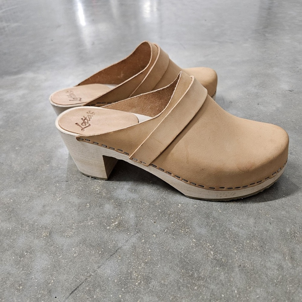Lotta's Shoes Womens Size 8 Beige Leather Clog Wooden Heel Slip On Platform